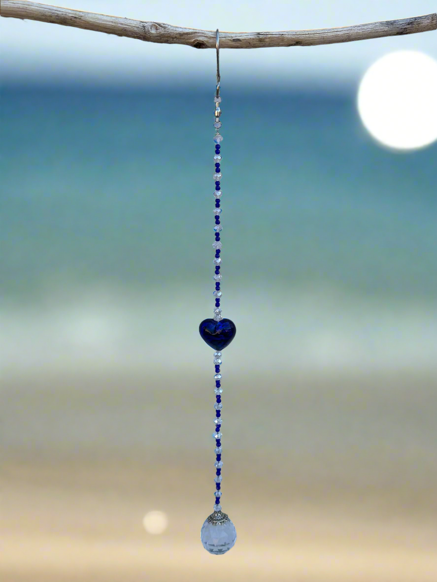 Blue and Clear Crystal Suncatcher with Large Blue Heart