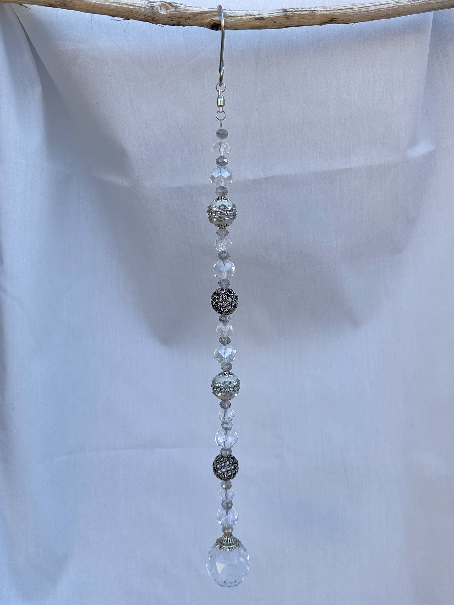 Vintage Shimmer White and Silver Metal Beads with Clear Faceted Glass Crystal Beads