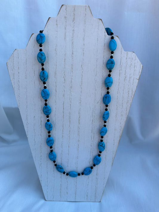 Natural Stone Black Jasper, Turquoise/Black Colored Oval Beaded Necklace, Bracelet and Earrings Set