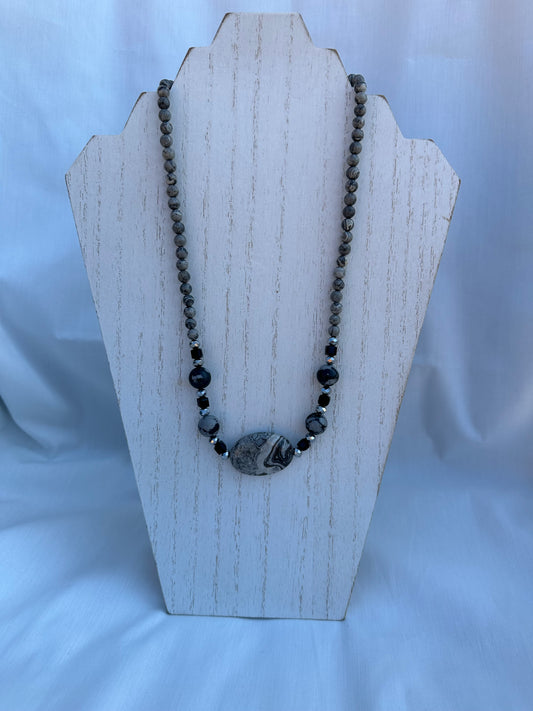 Gray Picasso Jasper Natural Stone Bead Necklace with Matching Bracelet and Earrings Set