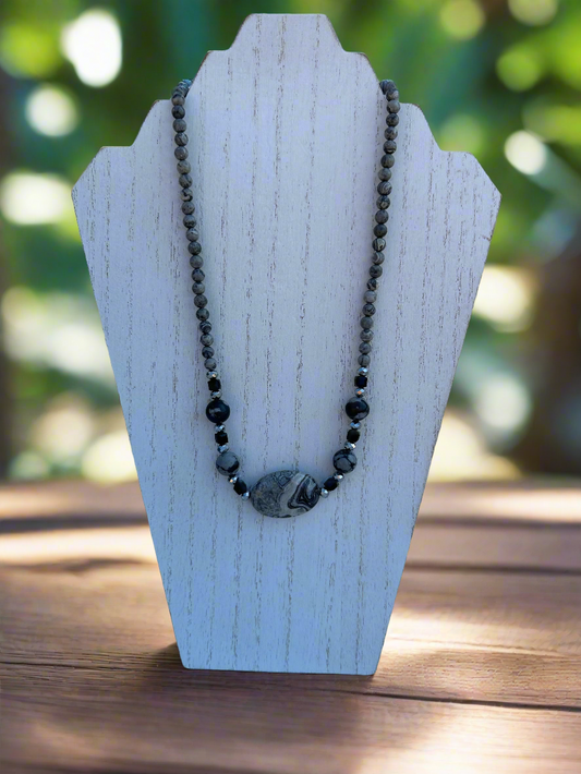 Gray Picasso Jasper Natural Stone Bead Necklace with Matching Bracelet and Earrings Set