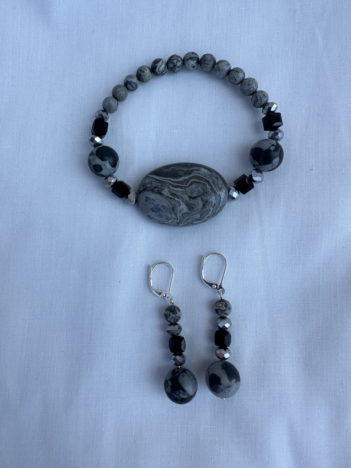 Gray Picasso Jasper Natural Stone Bead Necklace with Matching Bracelet and Earrings Set