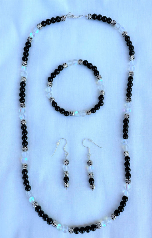 Black Jasper, White Opal and Silver Bead Jewelry Set