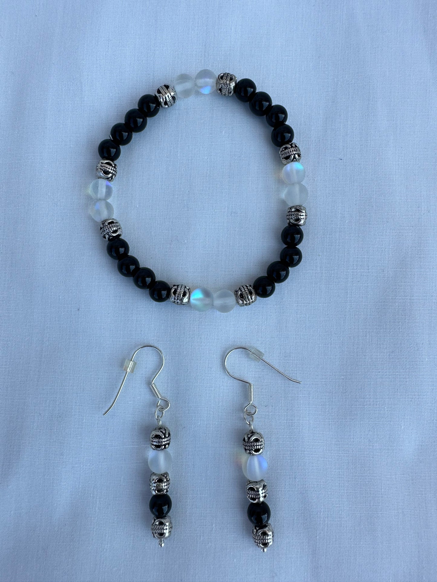 Black Jasper, White Opal and Silver Bead Jewelry Set
