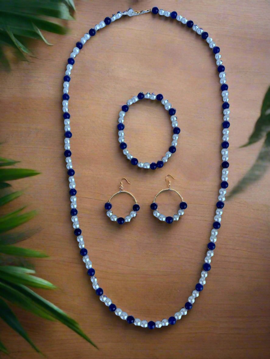 Blue Aventurine and Glass White Pearl Set