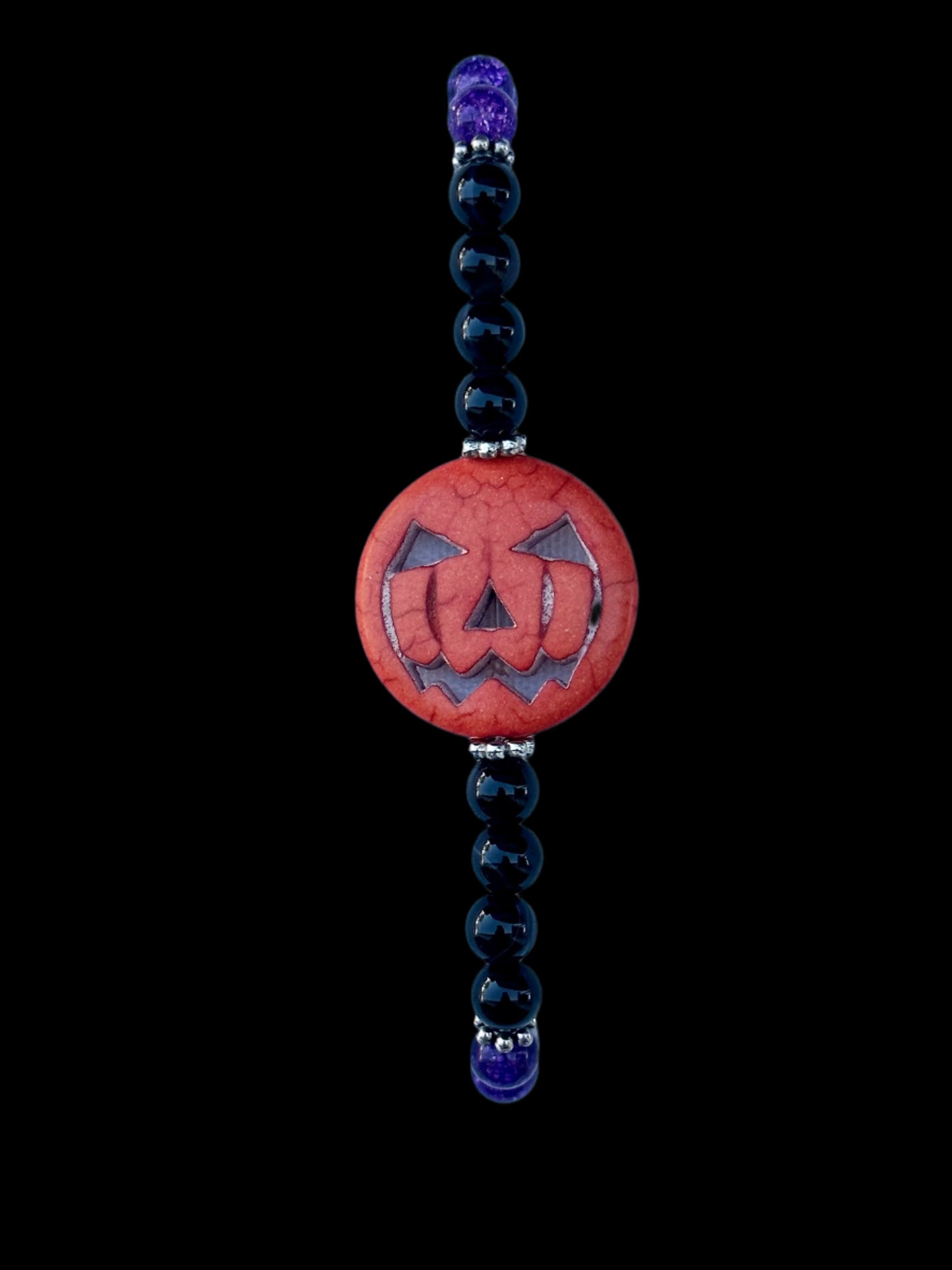 Black Striped Agate, Purple Crackle Quartz With a 25 mm Pumpkin Center Bead Bracelet