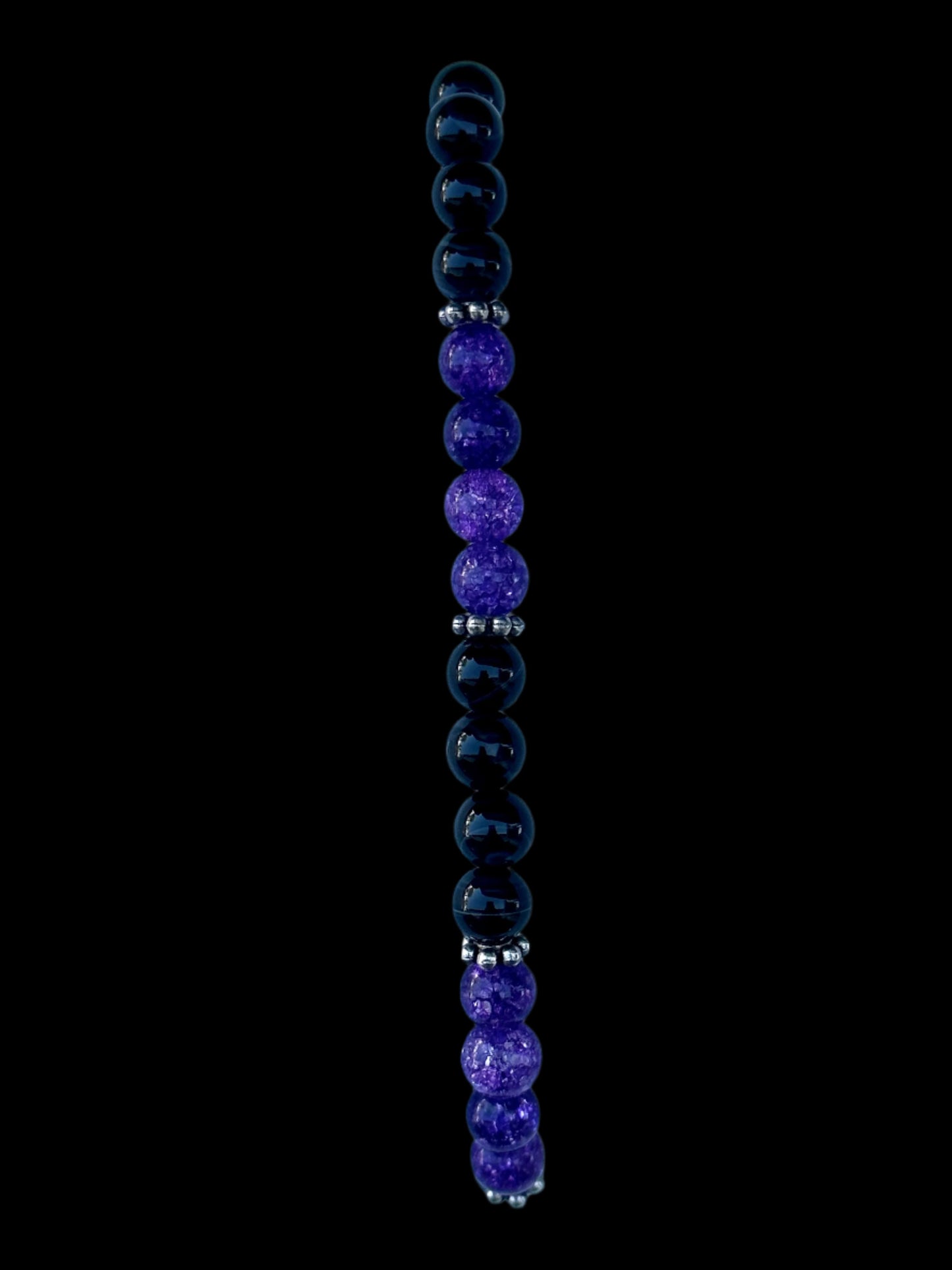 Black Striped Agate, Purple Crackle Quartz With a 25 mm Pumpkin Center Bead Bracelet