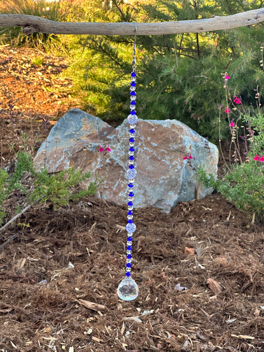Dark Blue and Gray Glass Crystal with Lampwork Glass Accents Suncatcher