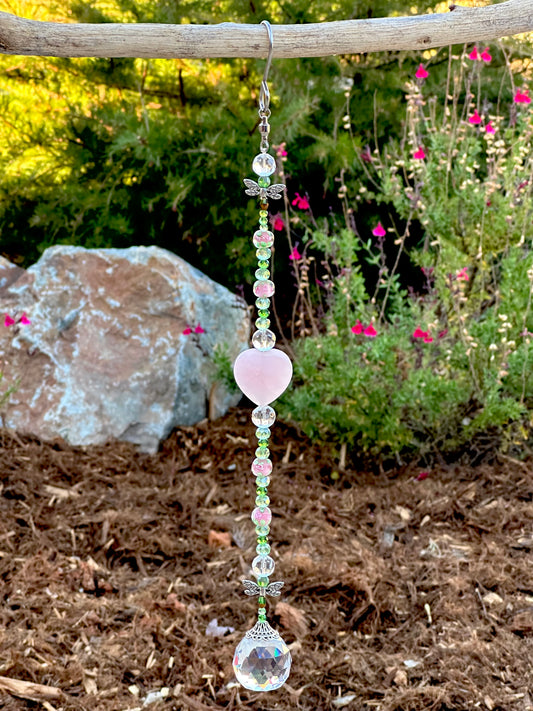 Green Crystal Glass Suncatcher with Natural Stone Rose Quartz Heart
