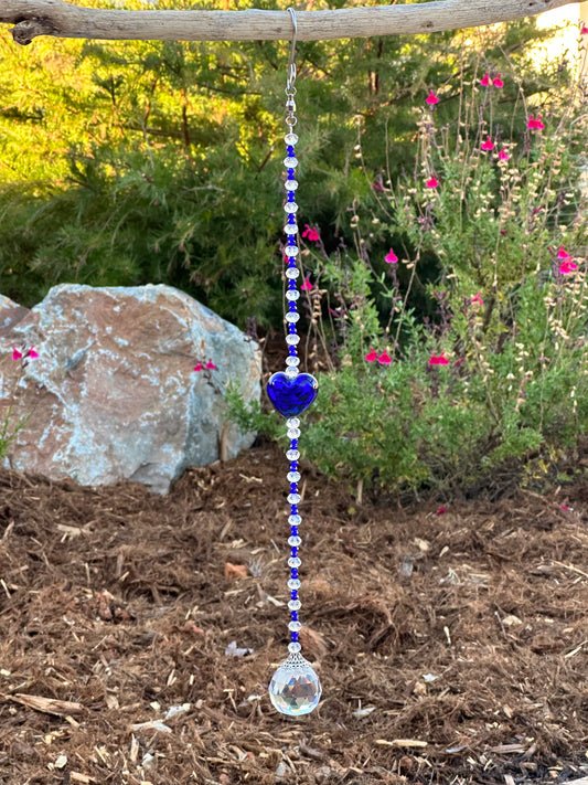 Blue and Clear Crystal Suncatcher with Large Blue Heart