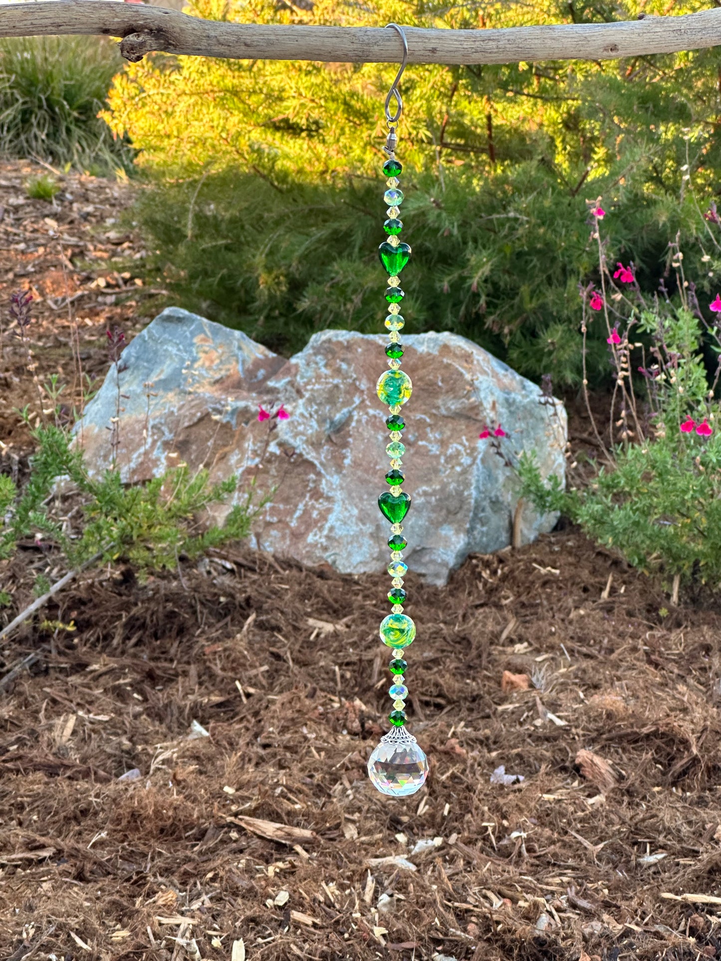 Green and Yellow Faceted Glass Suncatcher with Lampwork Glass Bead Accents