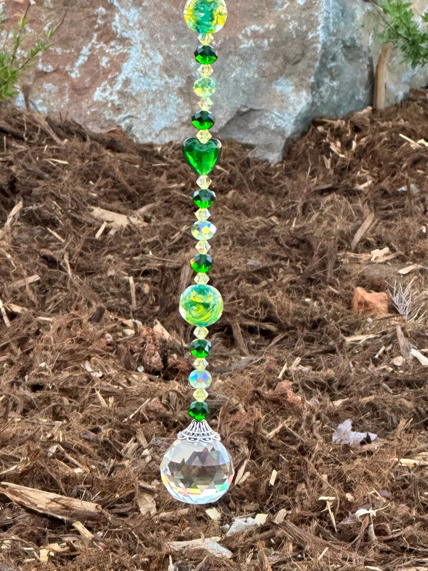 Green and Yellow Faceted Glass Suncatcher with Lampwork Glass Bead Accents