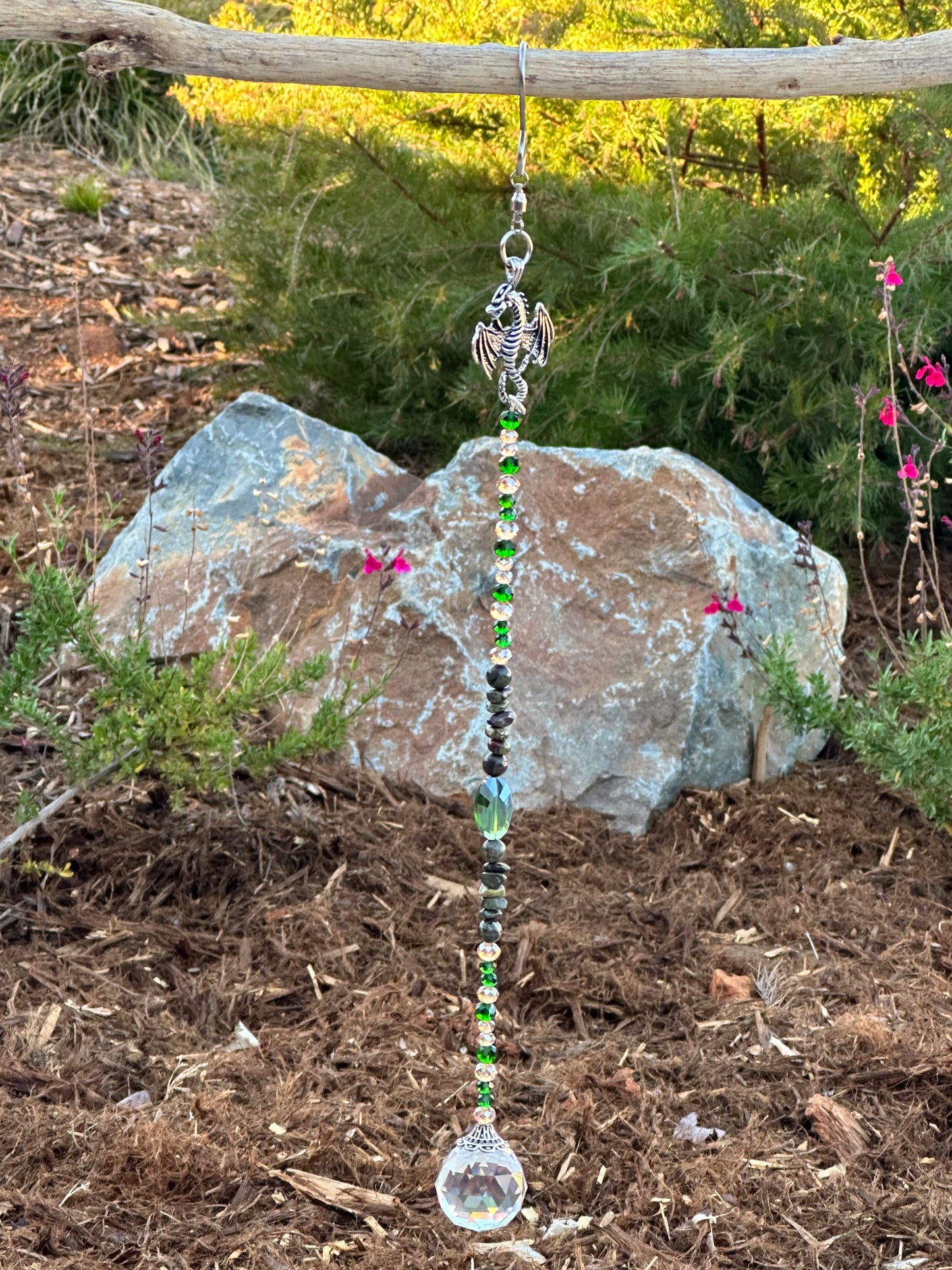 Silver Dragon Suncatcher with Dragon's Blood Natural Stone Beads
