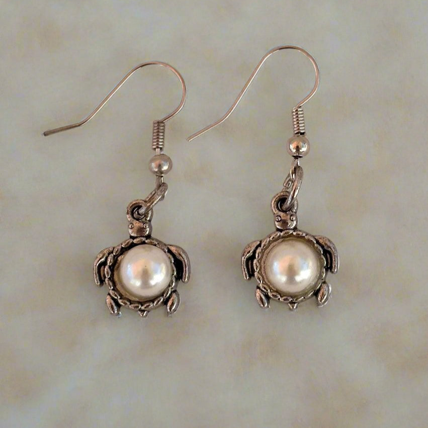 Pearl and Silver Turtle Earrings
