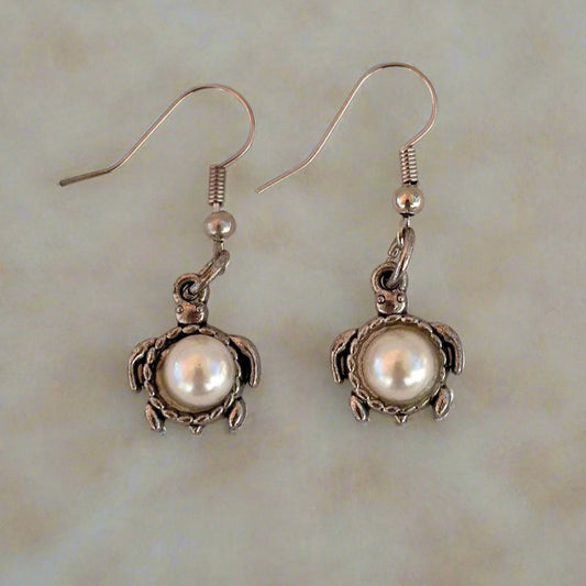 Pearl and Silver Turtle Earrings
