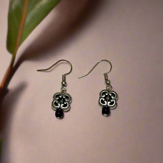Silver Square Flower Earrings With Black Glass Bead