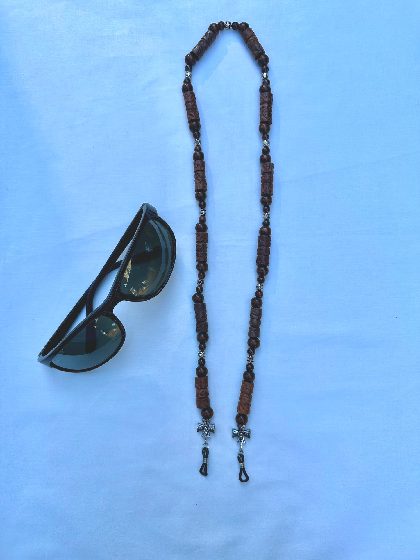 Carved Wood Bead Eyeglass Holder With Silver Accents