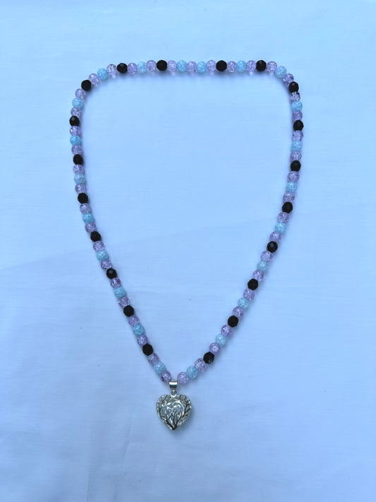 Lavender, Blue and Black Crackle Glass Bead Necklace with Silver Heart Pendant