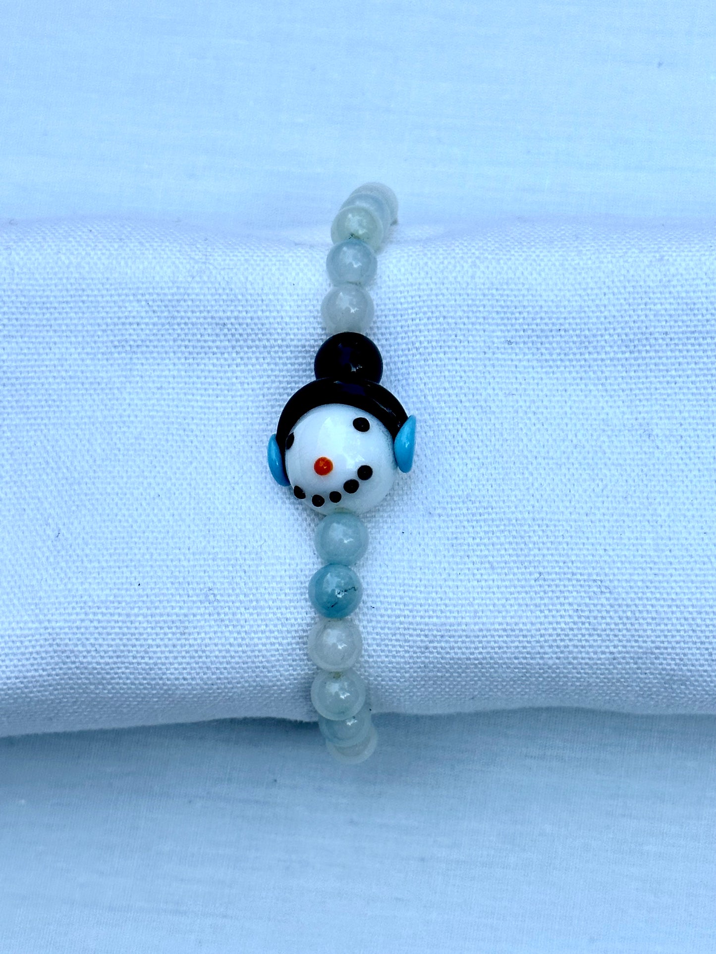 White and Blue Agate Bead Bracelet With Snowman Bead