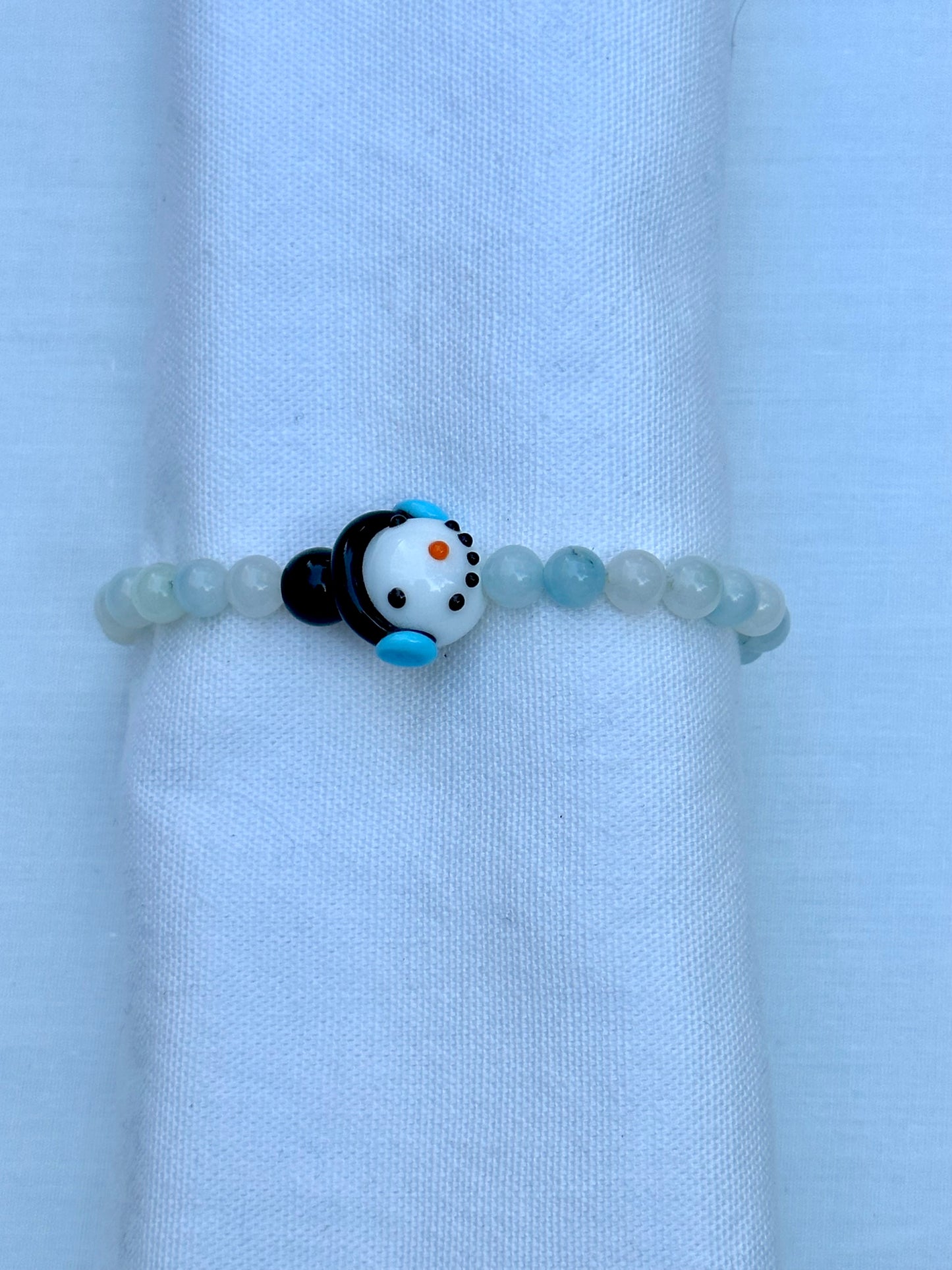 White and Blue Agate Bead Bracelet With Snowman Bead