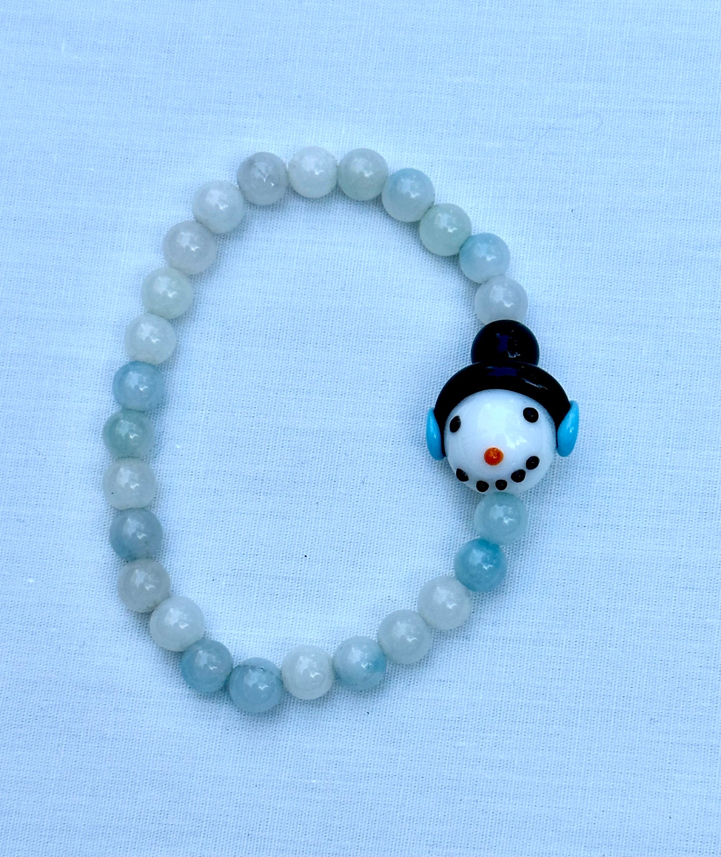 White and Blue Agate Bead Bracelet With Snowman Bead