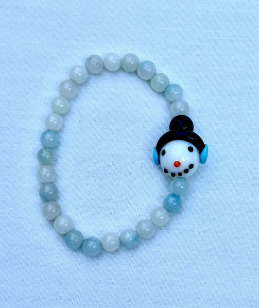 White and Blue Agate Bead Bracelet With Snowman Bead