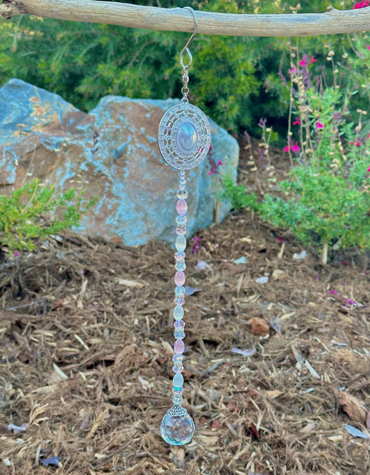 Pink, White and Clear Glass Suncatcher With Silver, White and Rhinestone Top