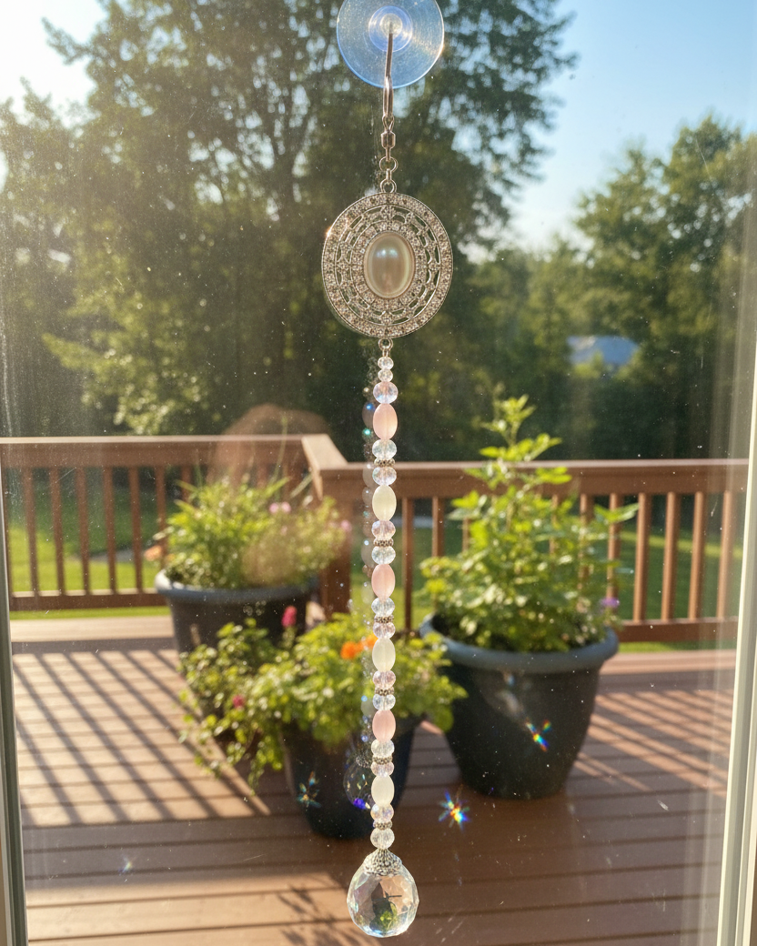 Pink & White Cat’s Eye Suncatcher with Crystal Prism