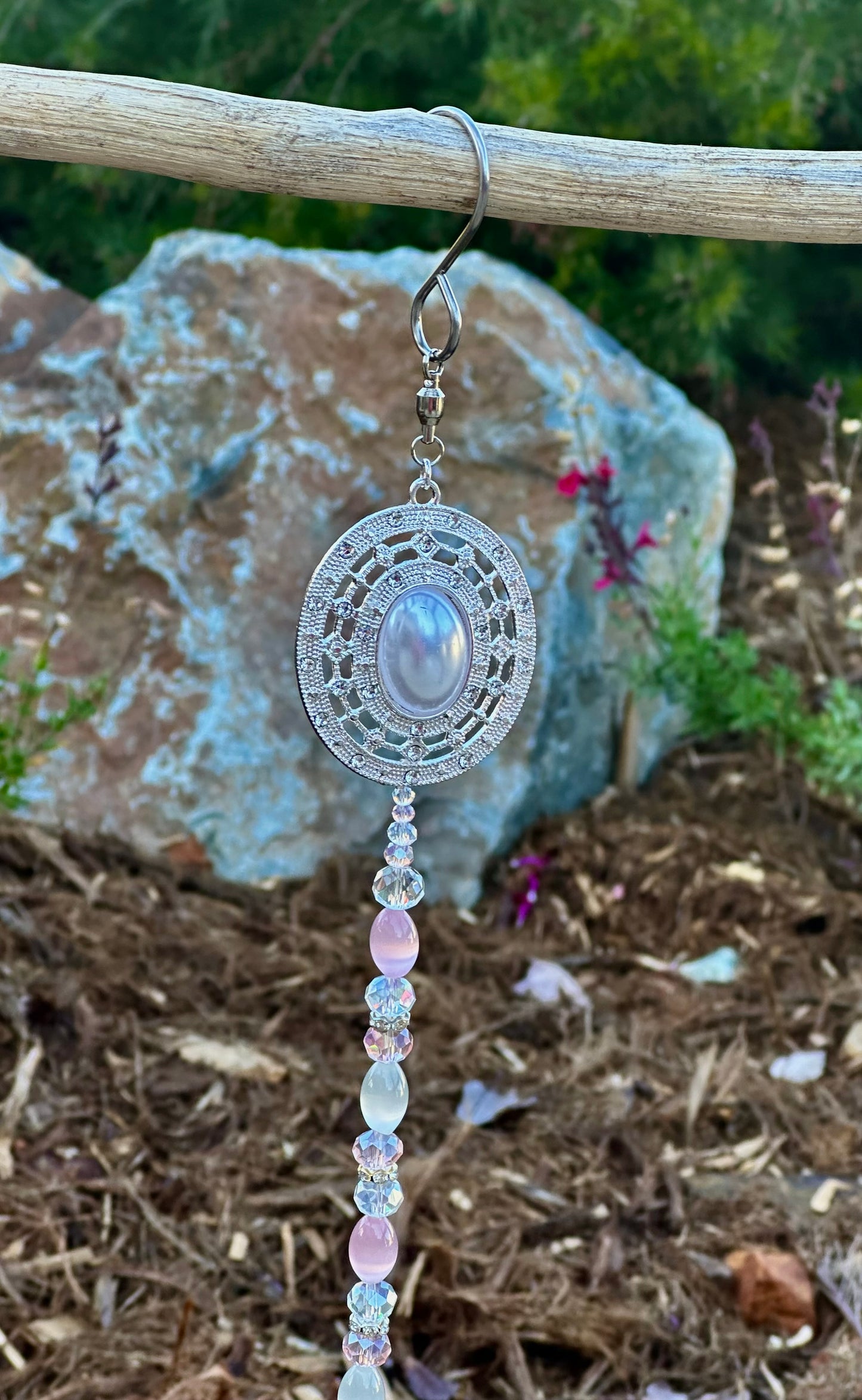Pink, White and Clear Glass Suncatcher With Silver, White and Rhinestone Top