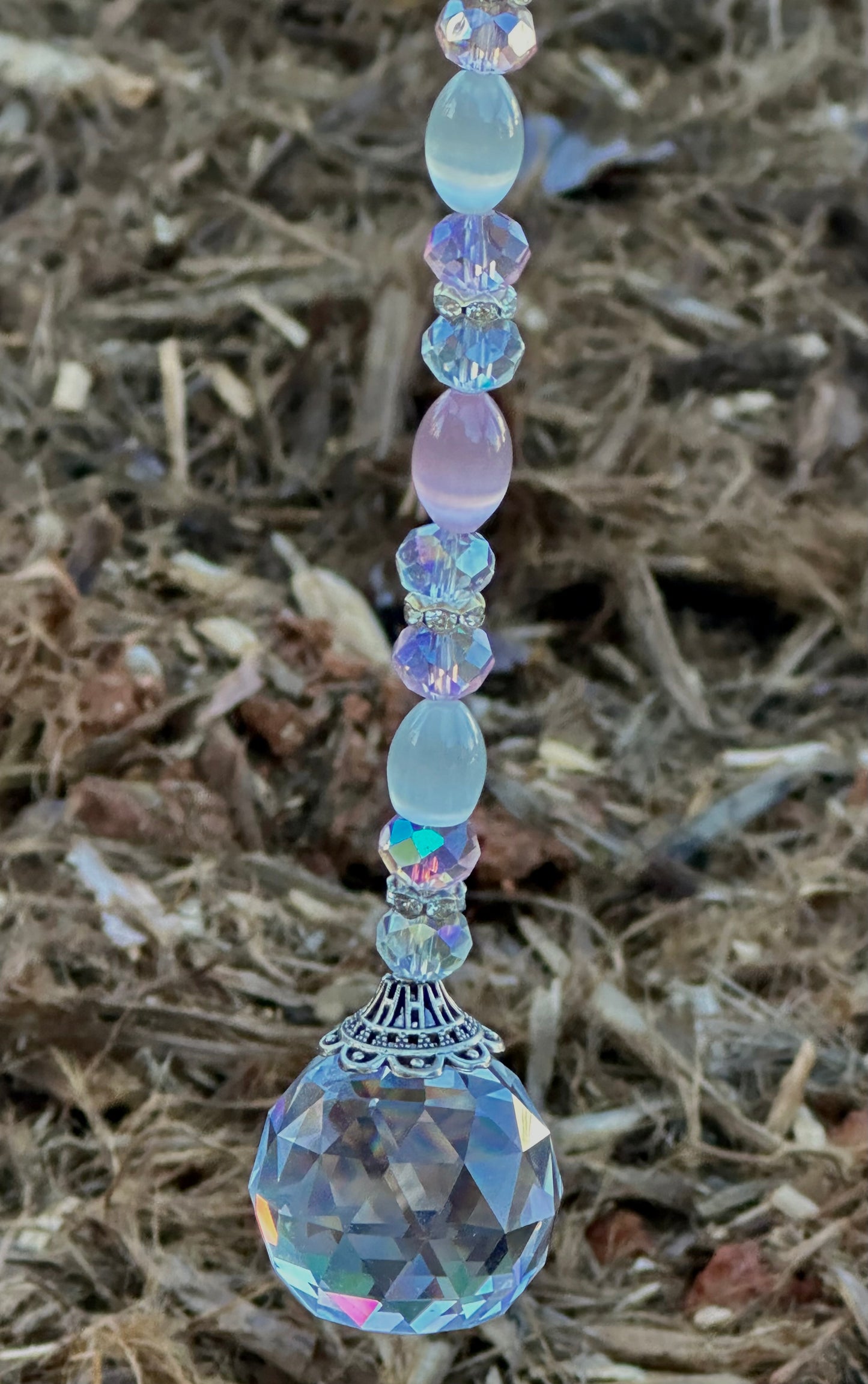 Pink, White and Clear Glass Suncatcher With Silver, White and Rhinestone Top