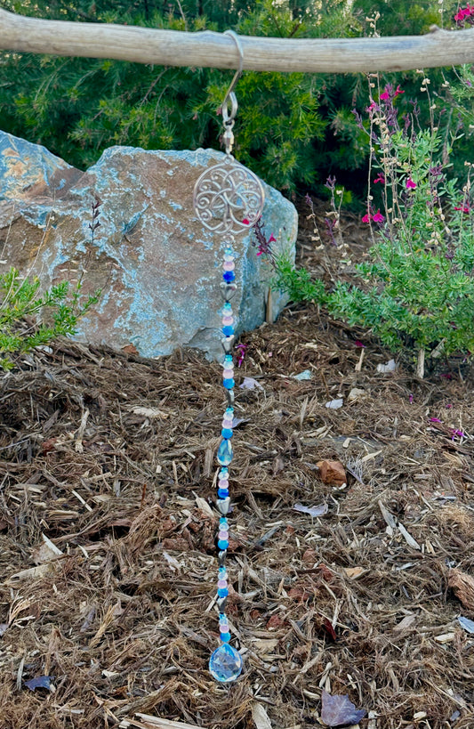 Blue, Pink and Gray Suncatcher with Silver Tree of Life Top