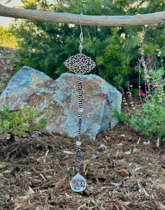 Black, Blue and Clear Glass Suncatcher with Silver Filigree Top
