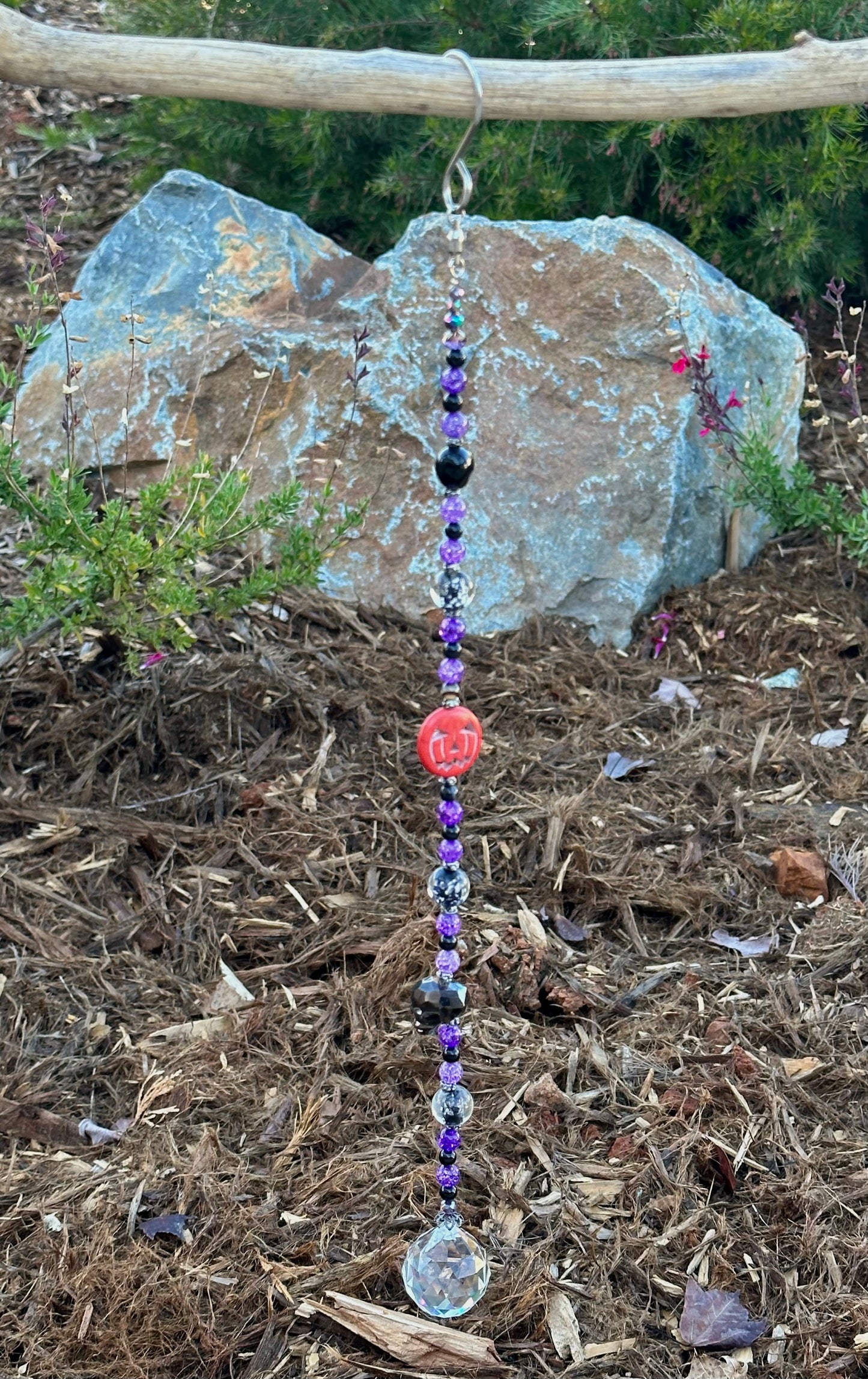 Purple Crackle Quartz and Banded Black Agate Beaded Halloween Suncatcher 🎃