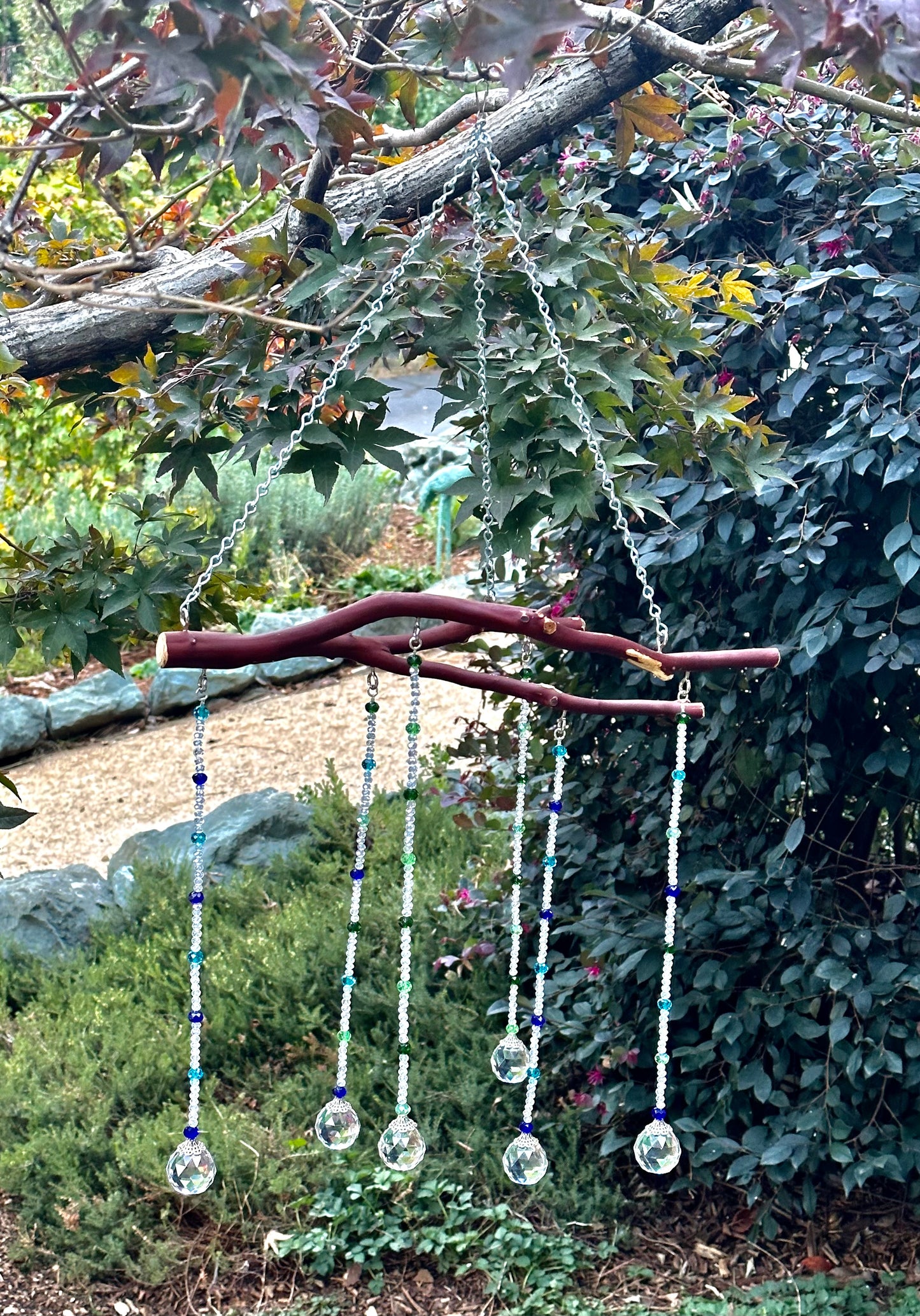 Six String Suncatcher Mobile on Manzanita Wood with Clear and Multi-Color Glass Crystal Beads