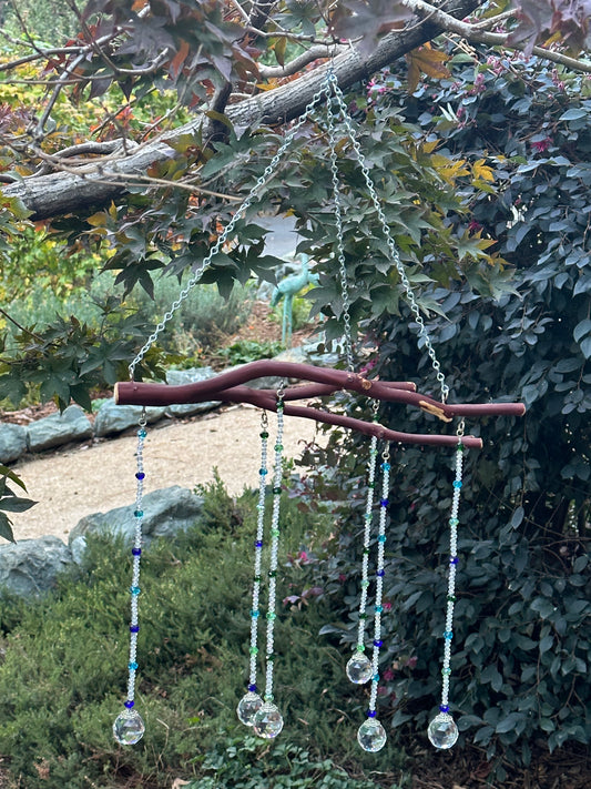 Six String Suncatcher Mobile on Manzanita Wood with Clear and Multi-Color Glass Crystal Beads
