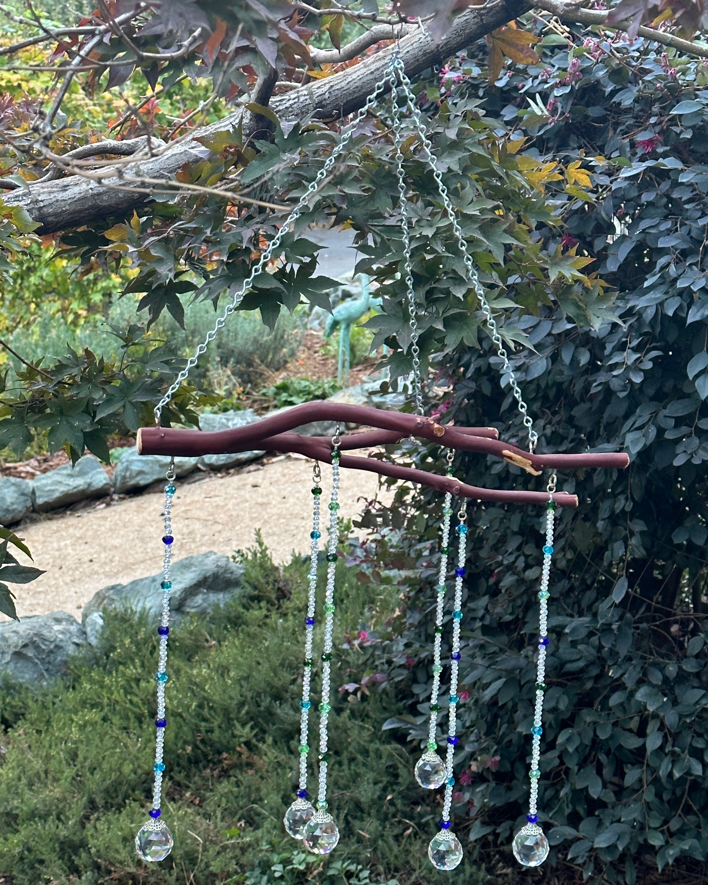 Six String Suncatcher Mobile on Manzanita Wood with Clear and Multi-Color Glass Crystal Beads