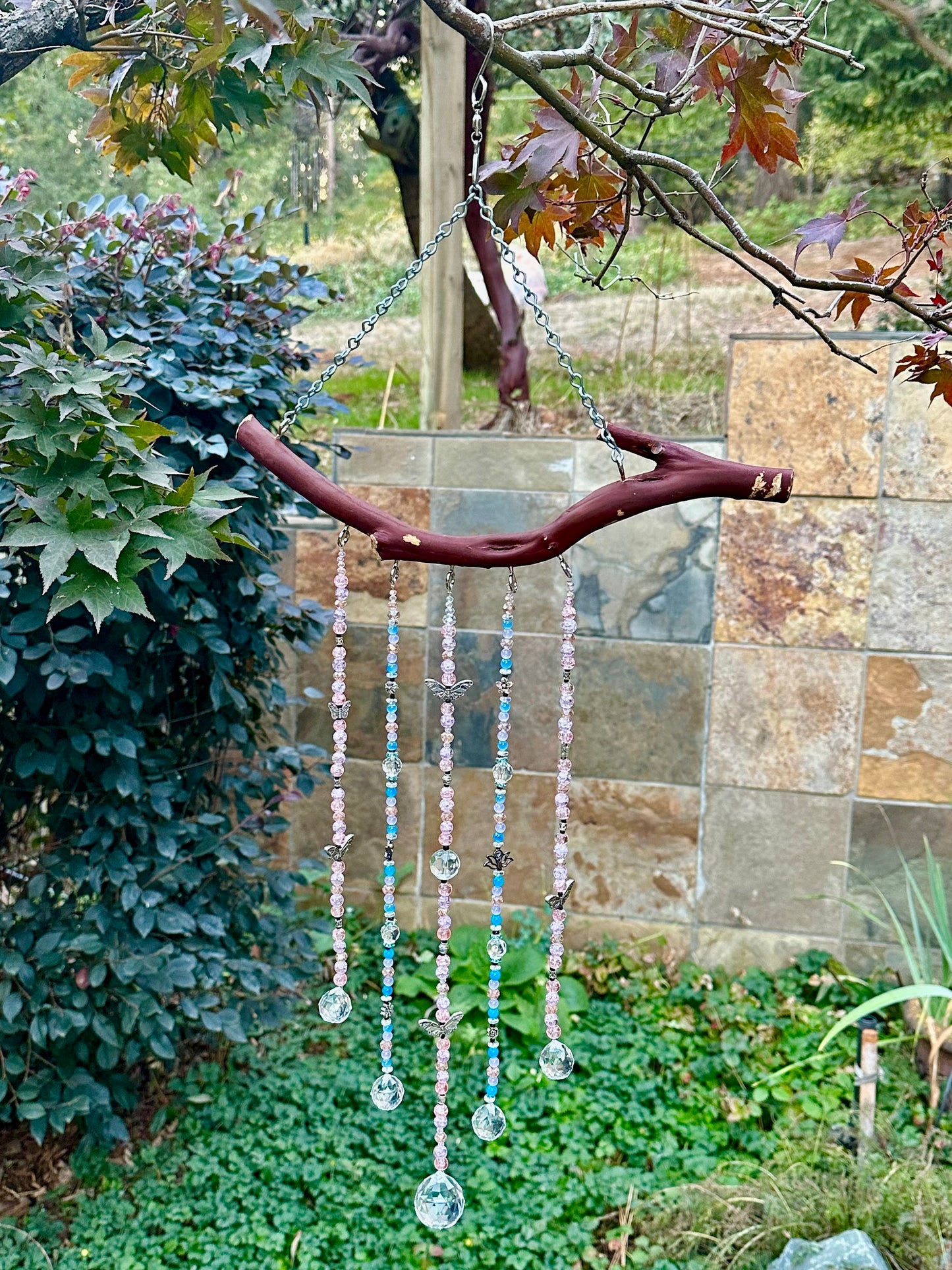 Manzanita 5 String White, Pink and Blue Suncatcher Mobile With Butterfly and Flower Accents
