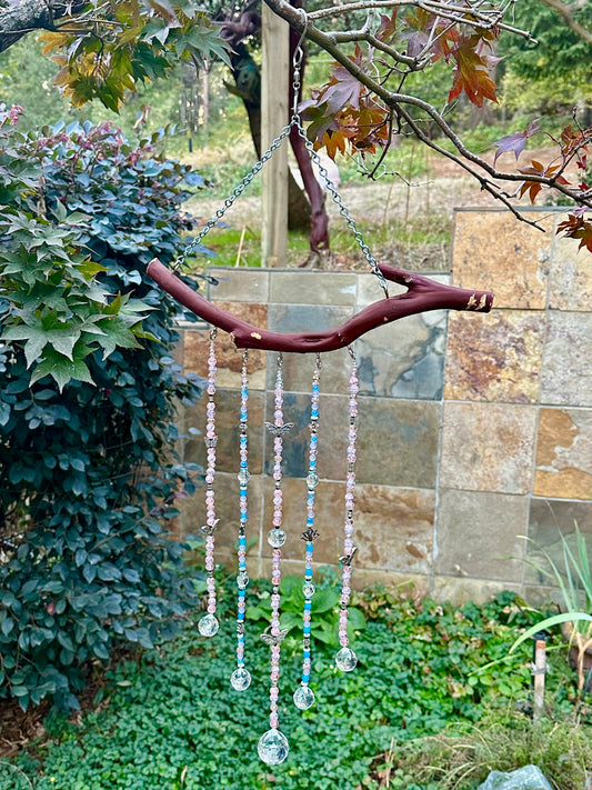 Manzanita 5 String White, Pink and Blue Suncatcher Mobile With Butterfly and Flower Accents