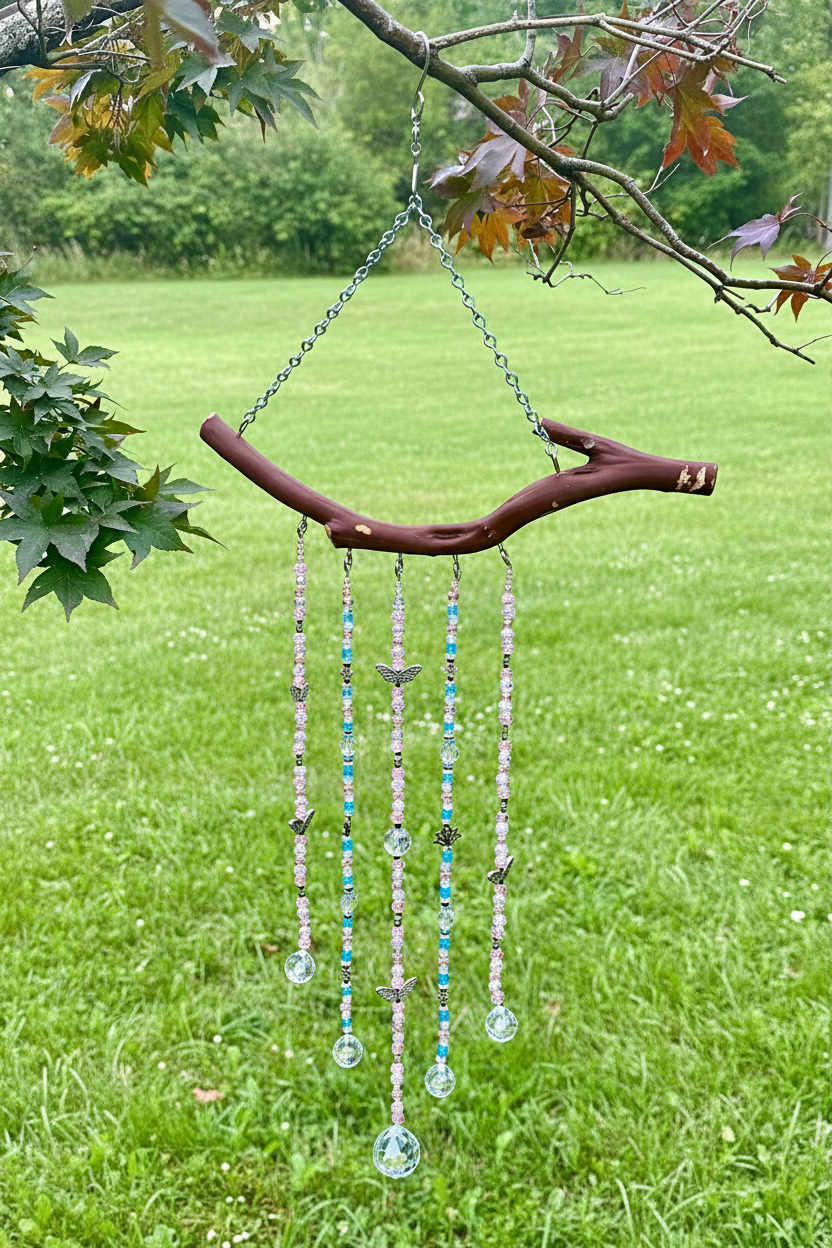 Manzanita 5 String White, Pink and Blue Suncatcher Mobile With Butterfly and Flower Accents