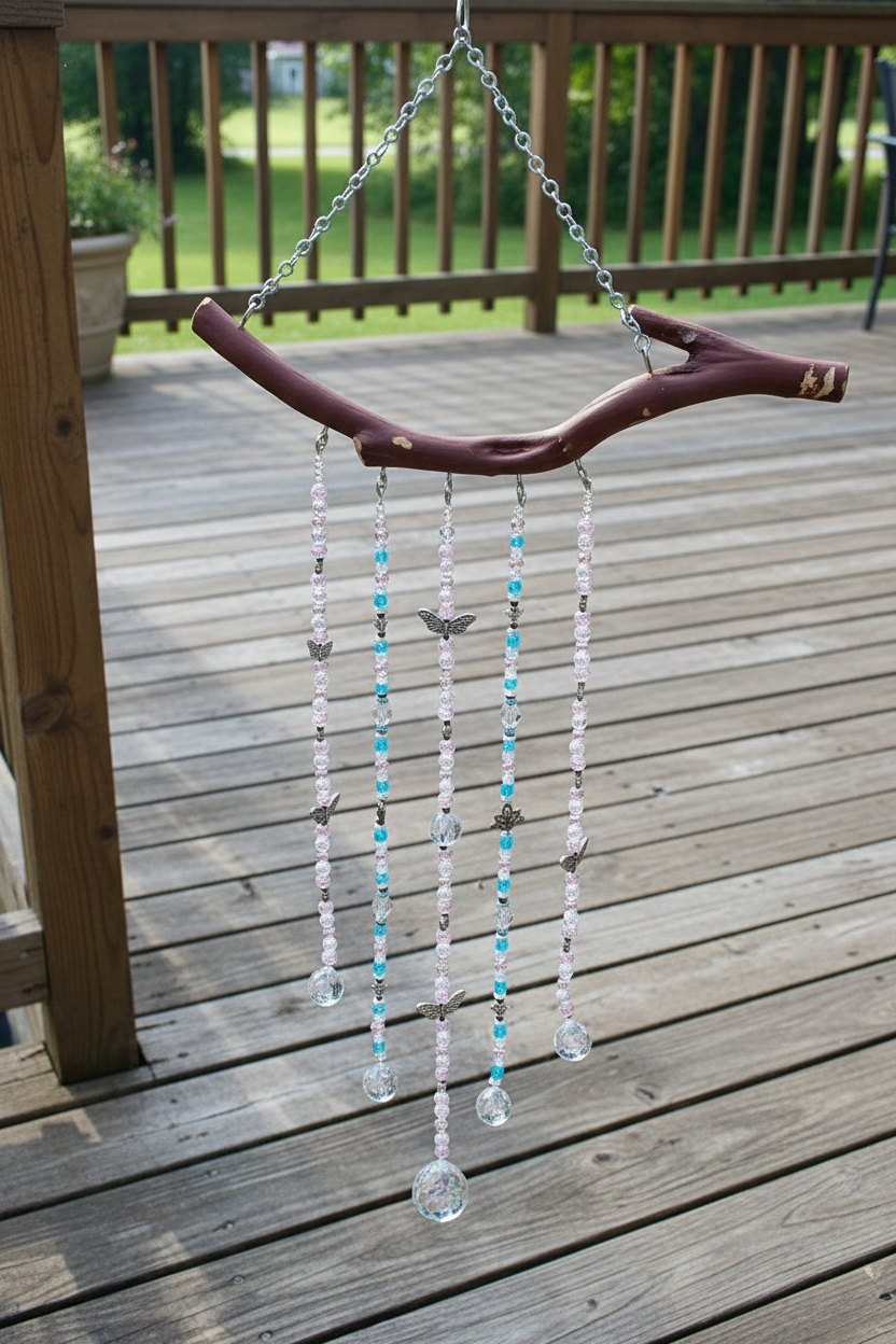 Manzanita 5 String White, Pink and Blue Suncatcher Mobile With Butterfly and Flower Accents