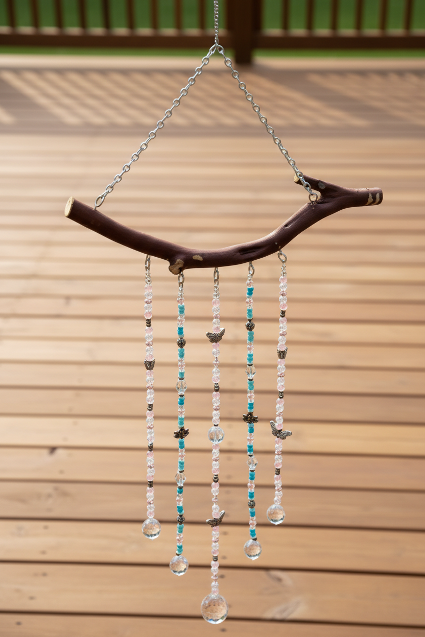 Manzanita 5 String White, Pink and Blue Suncatcher Mobile With Butterfly and Flower Accents