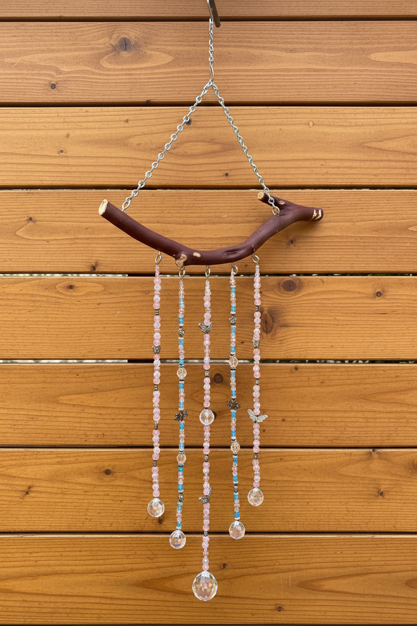 Manzanita 5 String White, Pink and Blue Suncatcher Mobile With Butterfly and Flower Accents