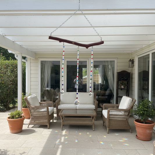 Three String Suncatcher Mobile on Manzanita with Clear and Multi-Color Glass Crystal Beads