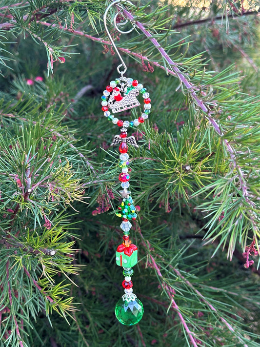 Red, Green and Clear Glass Crystal Holiday Ornament With Green Prism