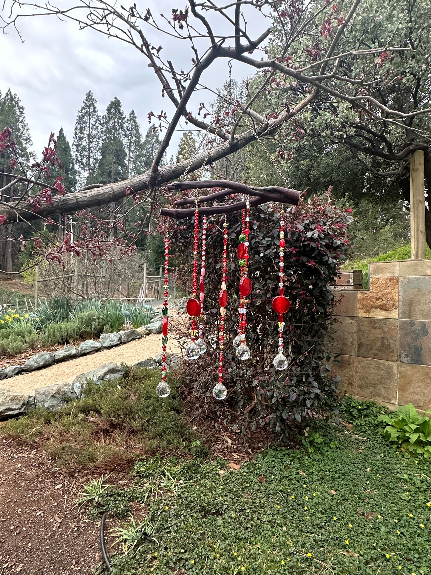 Six String Red Glass Mobile on Manzanita