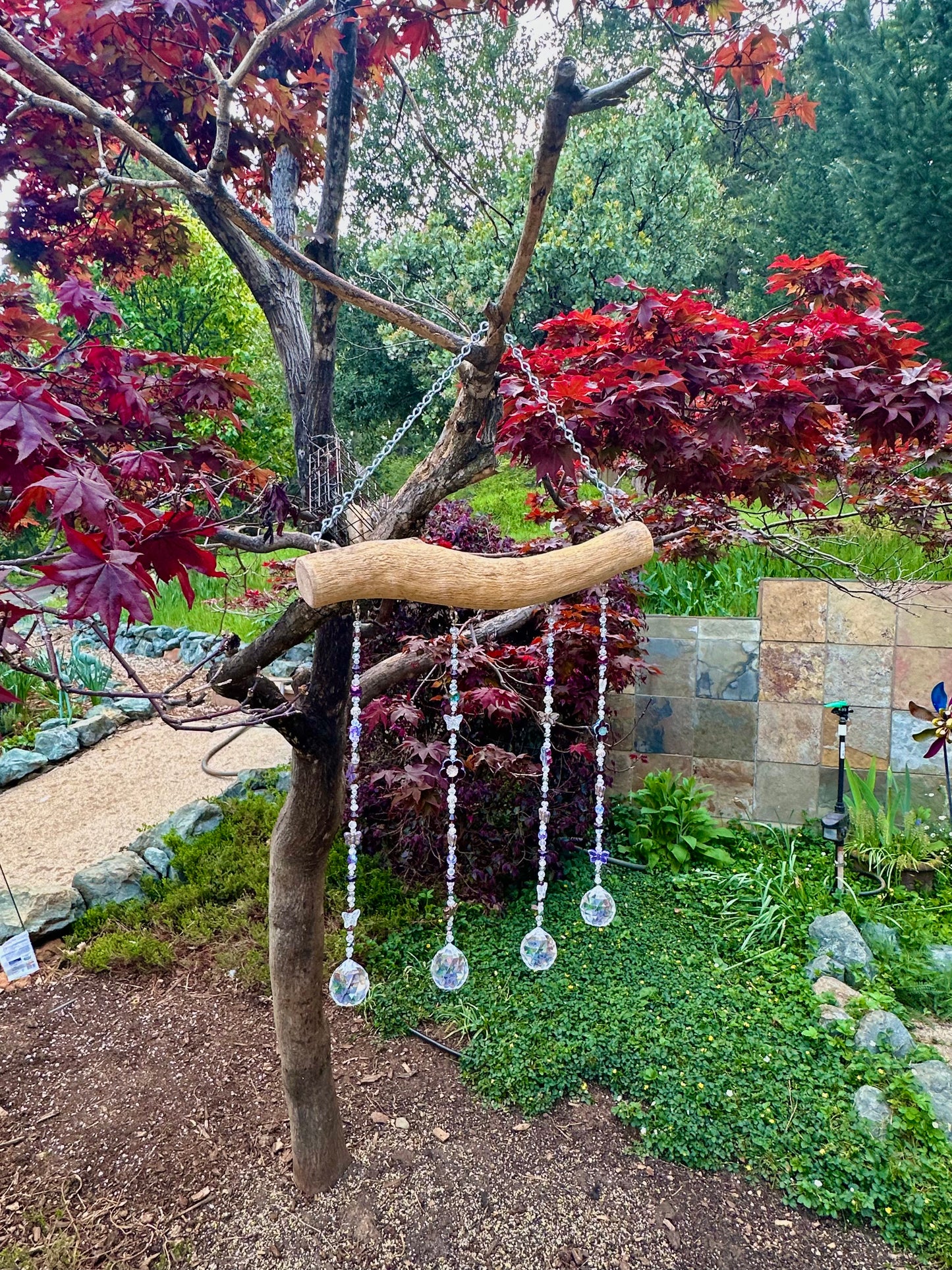 Purple and Clear Glass and Crystal Bead Suncatcher Mobile on Oak Featuring Butterflies and Flowers