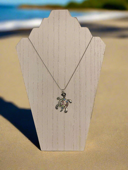 Jeweled Silver-Plated Turtle Pendant Necklace