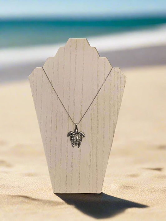 Glass Pearl Silver-Plated Turtle Pendant Necklace