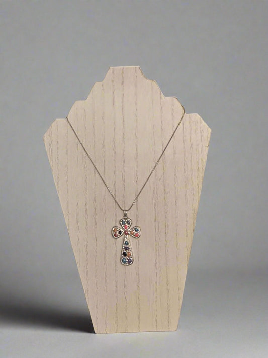 Jeweled and Silver-Plated Cross Pendant Necklace