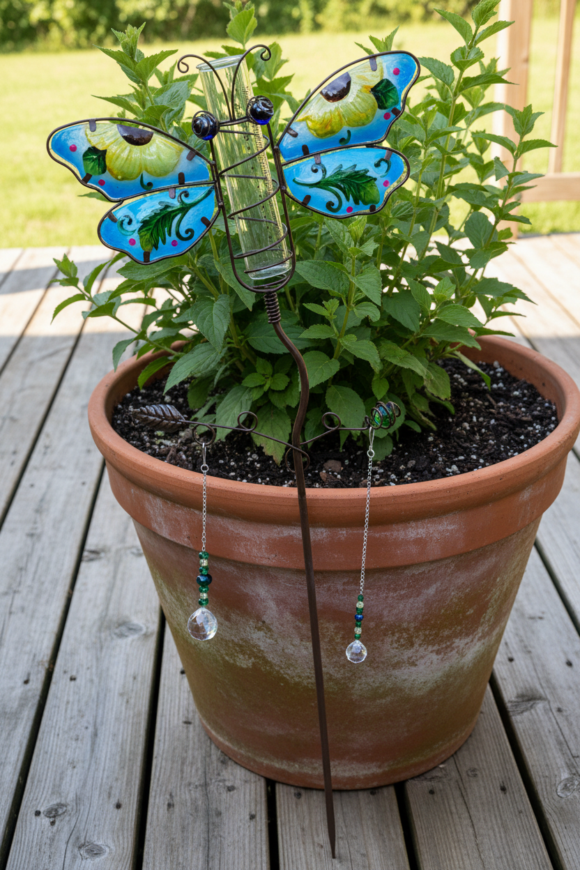 Stained Glass and Metal Butterfly Rain Gage